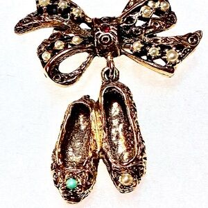 Vintage Gold Ballet Slippers Brooch with Bow and Gem Accents